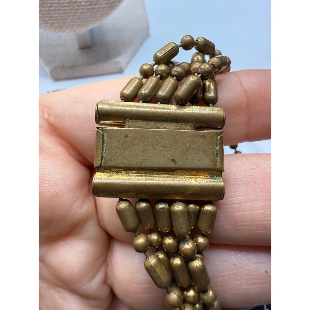 Vintage Multi Strand Brass Bead Necklace 5 Tier Layered Barrel Ball Chain 16in